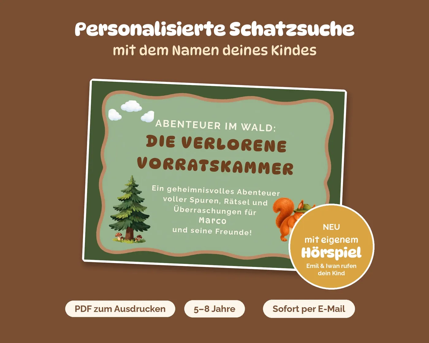 Titelseite der Wald-Schatzsuche „Die verlorene Vorratskammer“ mit dem Namen des Kindes (Beispiel: Marco)