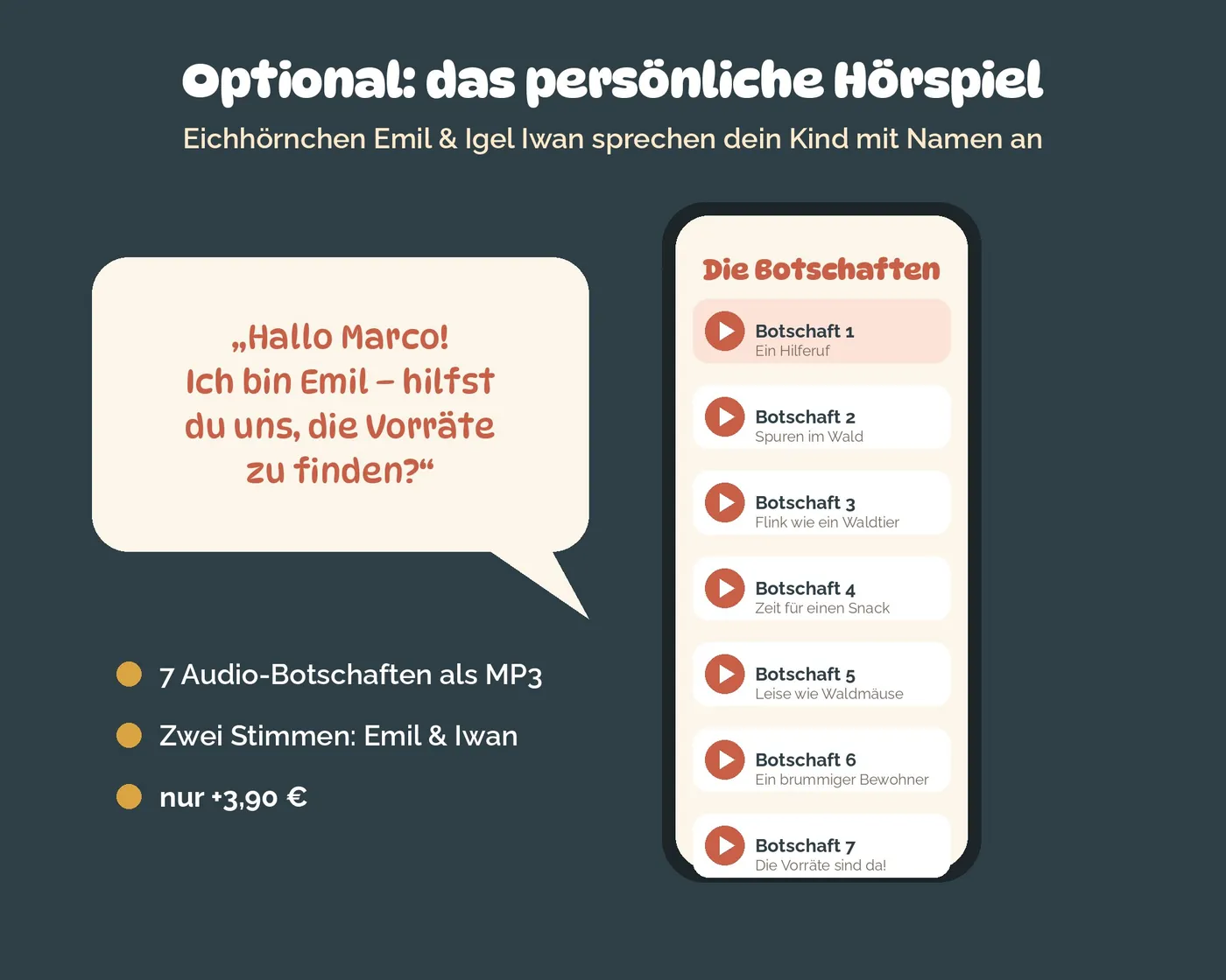 Optionales Hörspiel: Eichhörnchen Emil und Igel Iwan sprechen das Kind mit Namen an