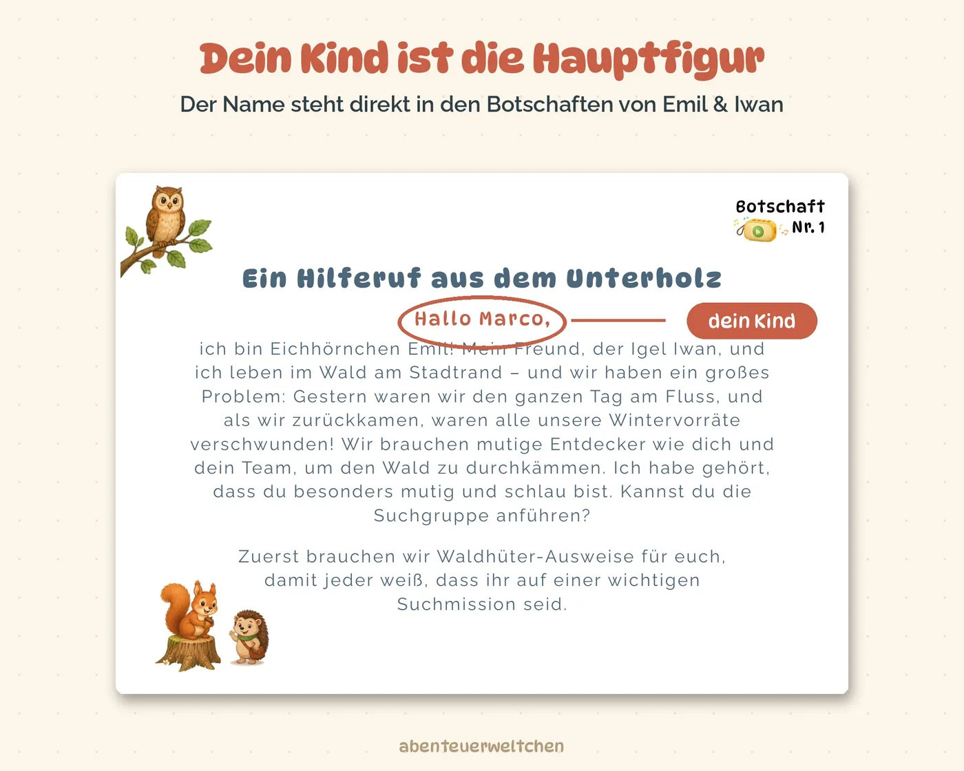 Botschaft aus der Wald-Schatzsuche mit dem Namen des Kindes im Text