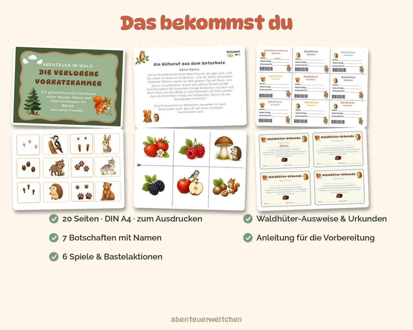 Inhalt der Wald-Schatzsuche: 20 Seiten, 7 Botschaften, 6 Spiele, Ausweise, Urkunden