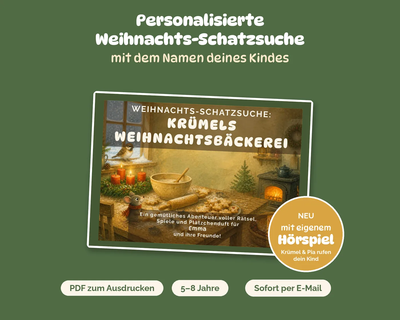 Titelseite der Weihnachts-Schatzsuche „Krümels Weihnachtsbäckerei“ mit dem Namen des Kindes (Beispiel: Emma)