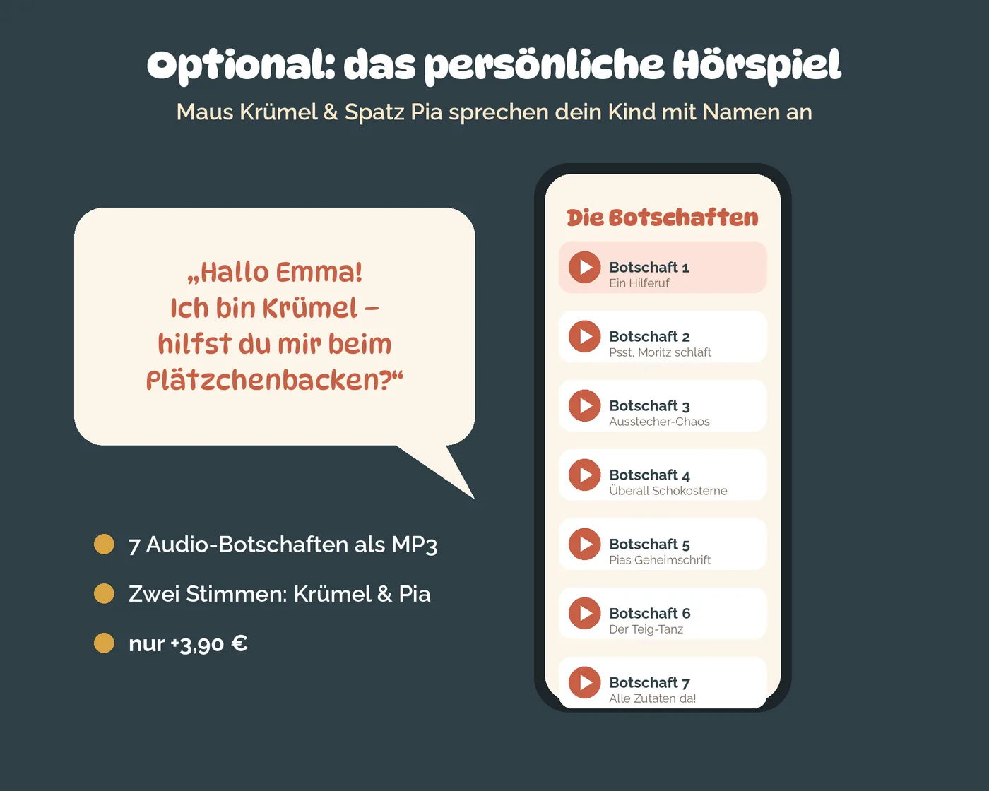 Optionales Hörspiel: Maus Krümel und Spatz Pia sprechen das Kind mit Namen an