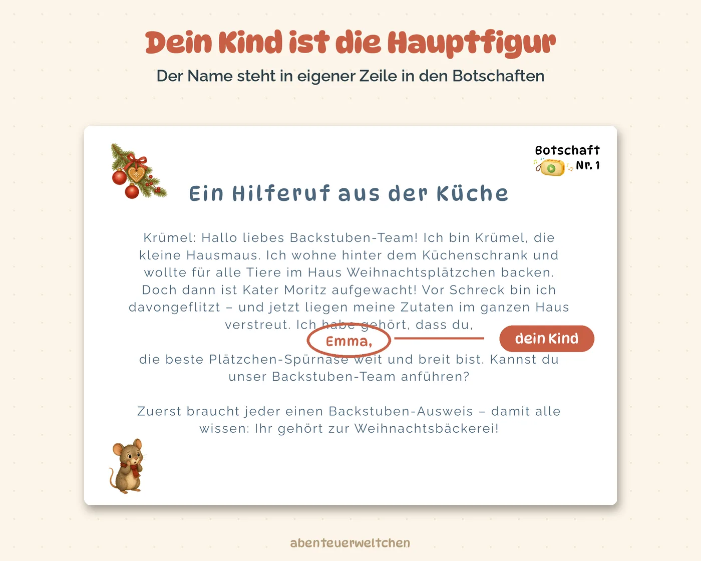 Botschaft aus der Weihnachts-Schatzsuche mit dem Namen des Kindes im Text