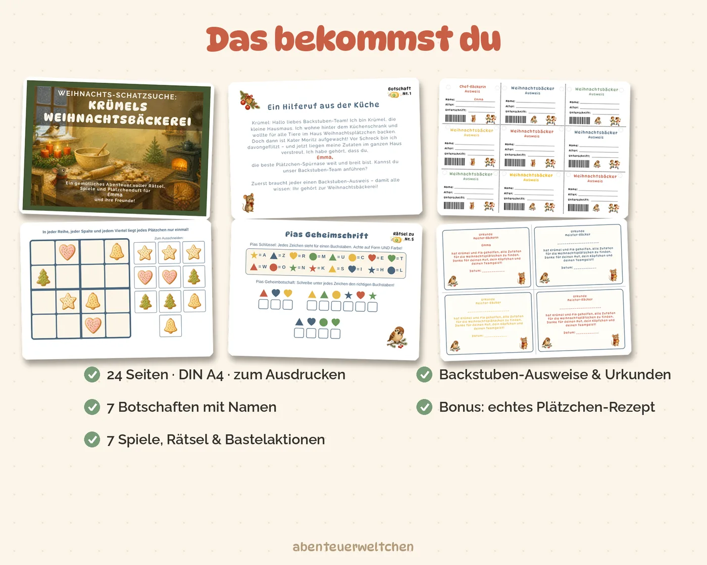 Inhalt der Weihnachts-Schatzsuche: 24 Seiten, 7 Botschaften, 7 Spiele, Ausweise, Urkunden, Plätzchenrezept