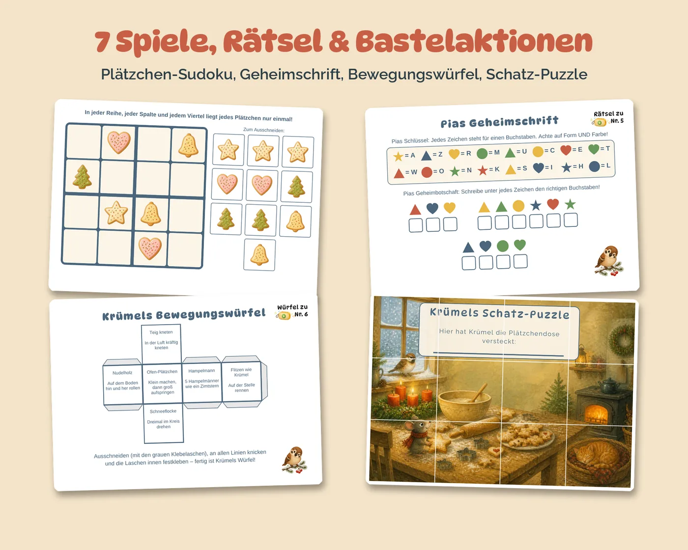 Weihnachtsrätsel und Spiele: Plätzchen-Sudoku, Geheimschrift, Bewegungswürfel, Schatz-Puzzle