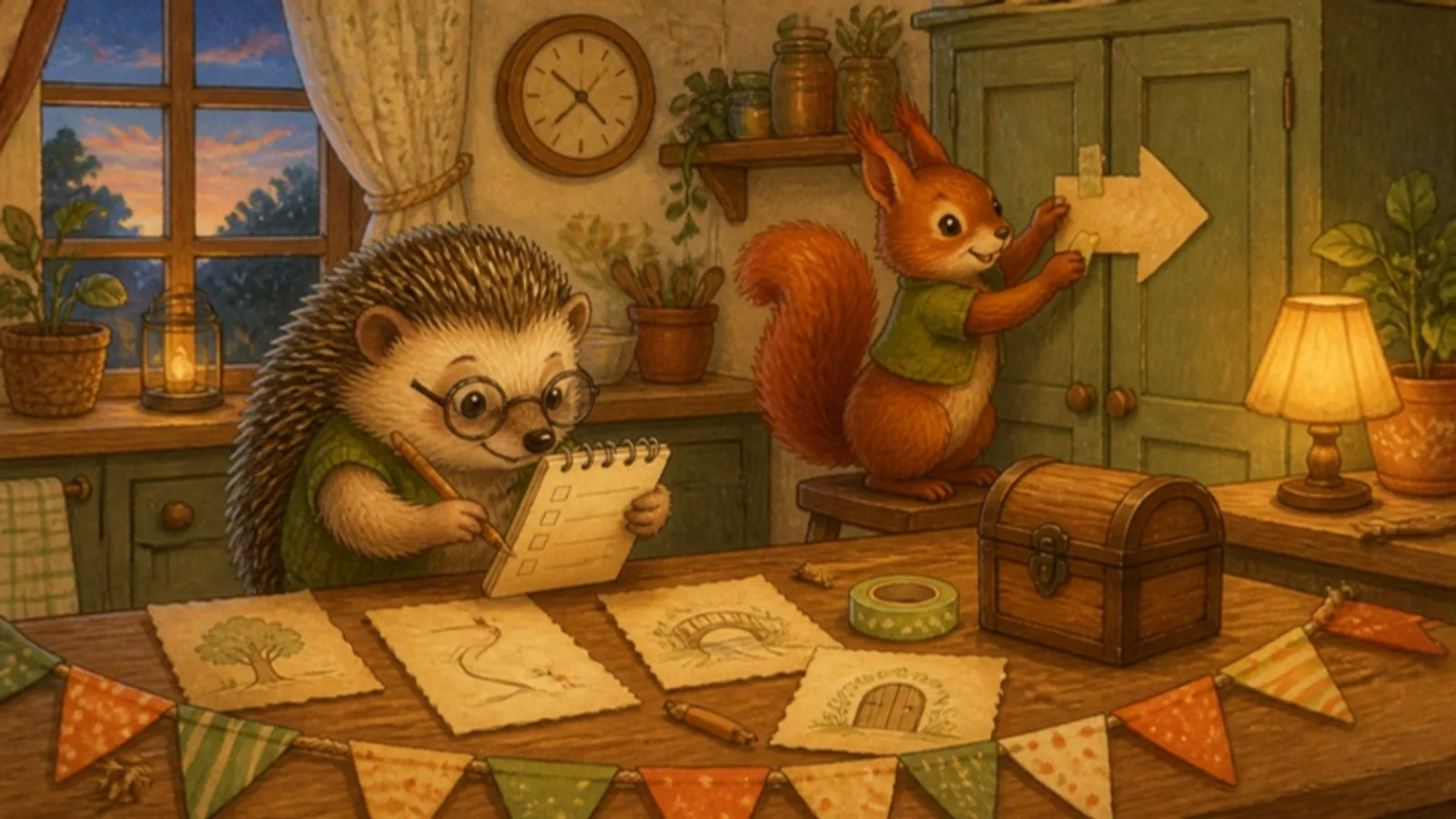 Igel mit Lesebrille hakt eine Liste ab, während ein Eichhörnchen einen Papierpfeil an den Küchenschrank klebt