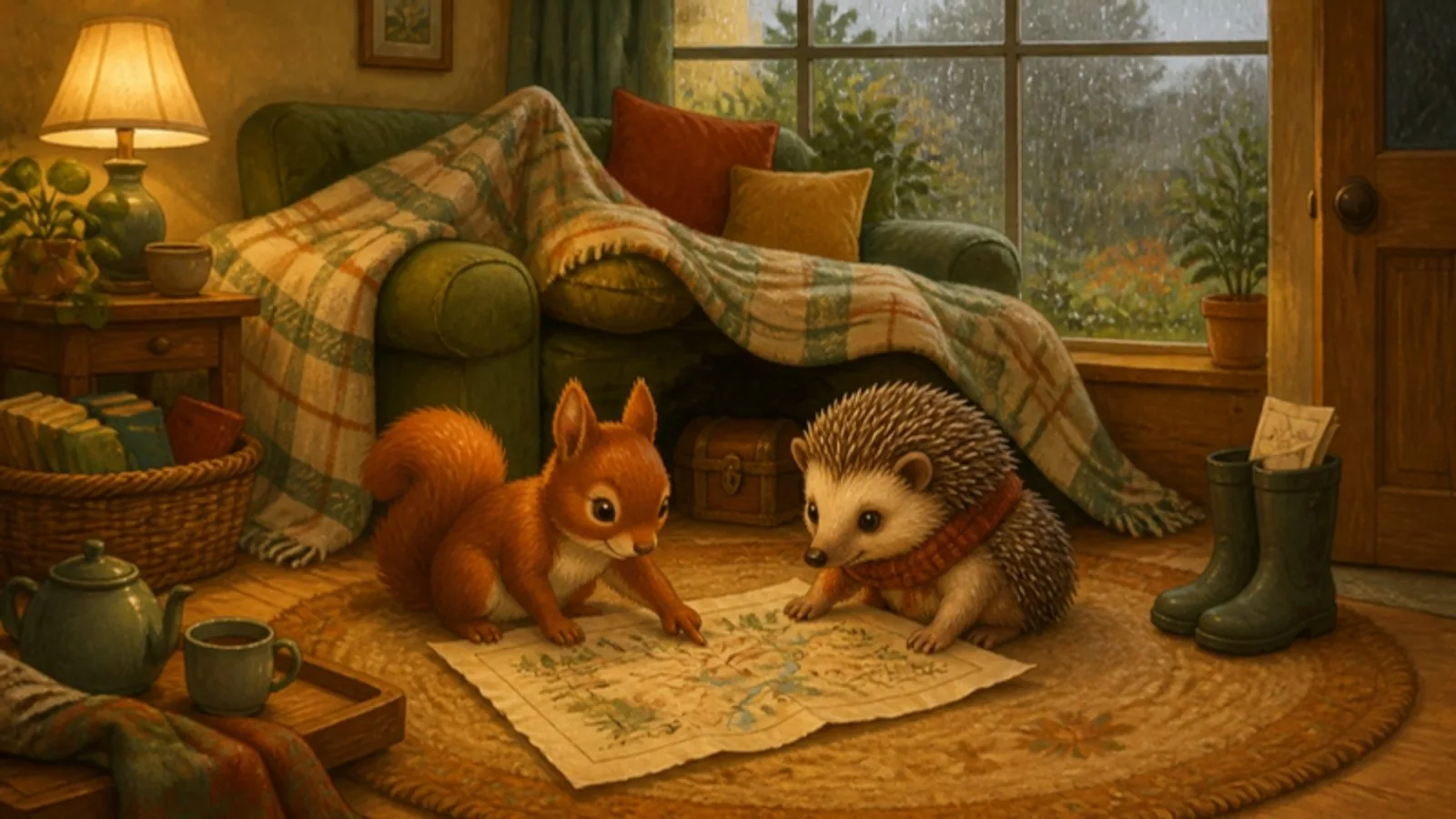 Gemütliches Wohnzimmer an einem Regentag, Eichhörnchen und Igel studieren eine Schatzkarte vor einer Kissenhöhle