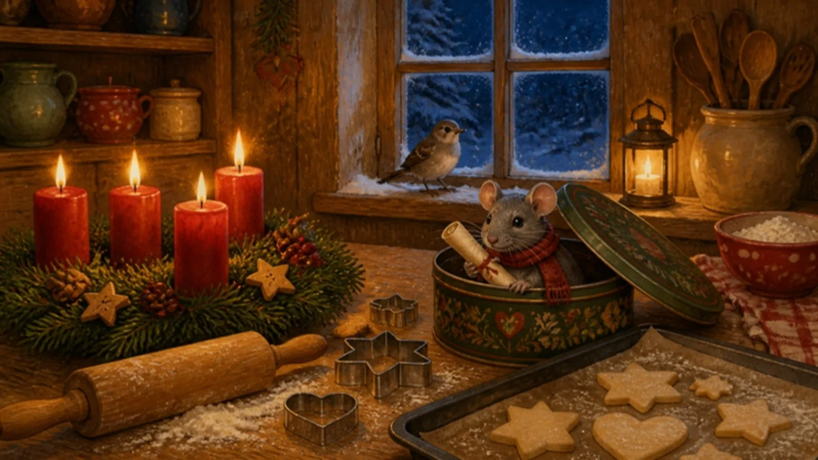 Weihnachtliche Küche mit Adventskranz, eine Maus schaut mit einem Hinweis-Zettel aus der Plätzchendose